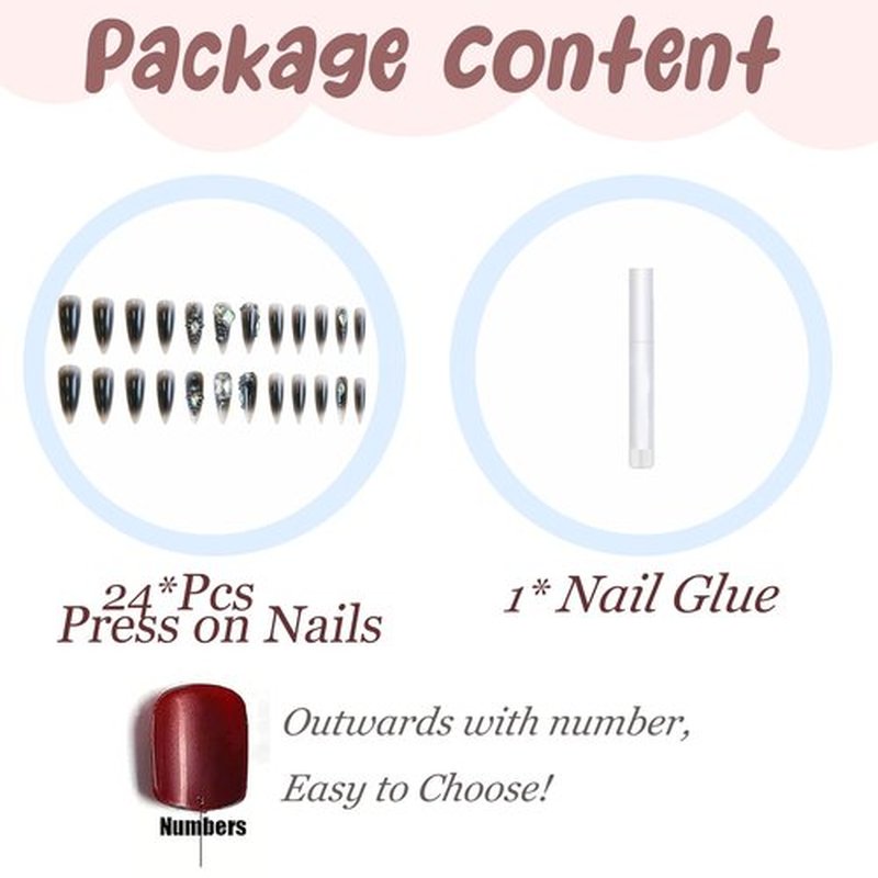 BABALAL Goth Press on False Nails Black Glue on Fake Nails - Long Stiletto, Rhinestone Charm Luxury, Bling Handmade Claw Design, 24Pcs Glossy Acrylic Nails for Women Girls