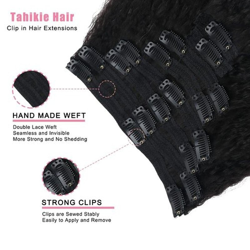 Tahikie Kinky Straight Human Hair Clip in Extensions 120g Full Head Clip ins for Women 100% Unprocessed Brazilian Virgin Human Hair Yaki Straight Clip ins Remy Hair Natural Black 8Pcs 18Clips 16inch
