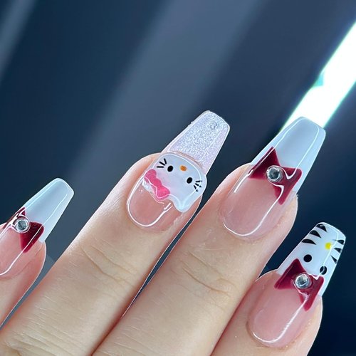 Ricefod Press on Nails Handmade Reusable Fake Nails with Cartoon Cat Design Press on False Nails French Tip Coffin Nails 10 Pcs Luxury Nails, Size:Large