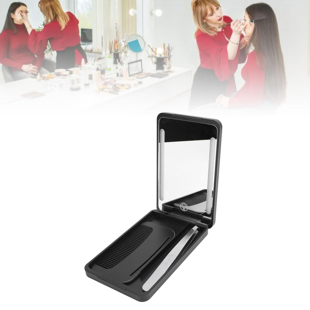 Yechiry LED Lighted Pocket Mirror, Rechargeable Compact Makeup Mirrorwith Travel Comb, Metal Eyebrow Tweezer & Smart Fill Light for Travel (Black)