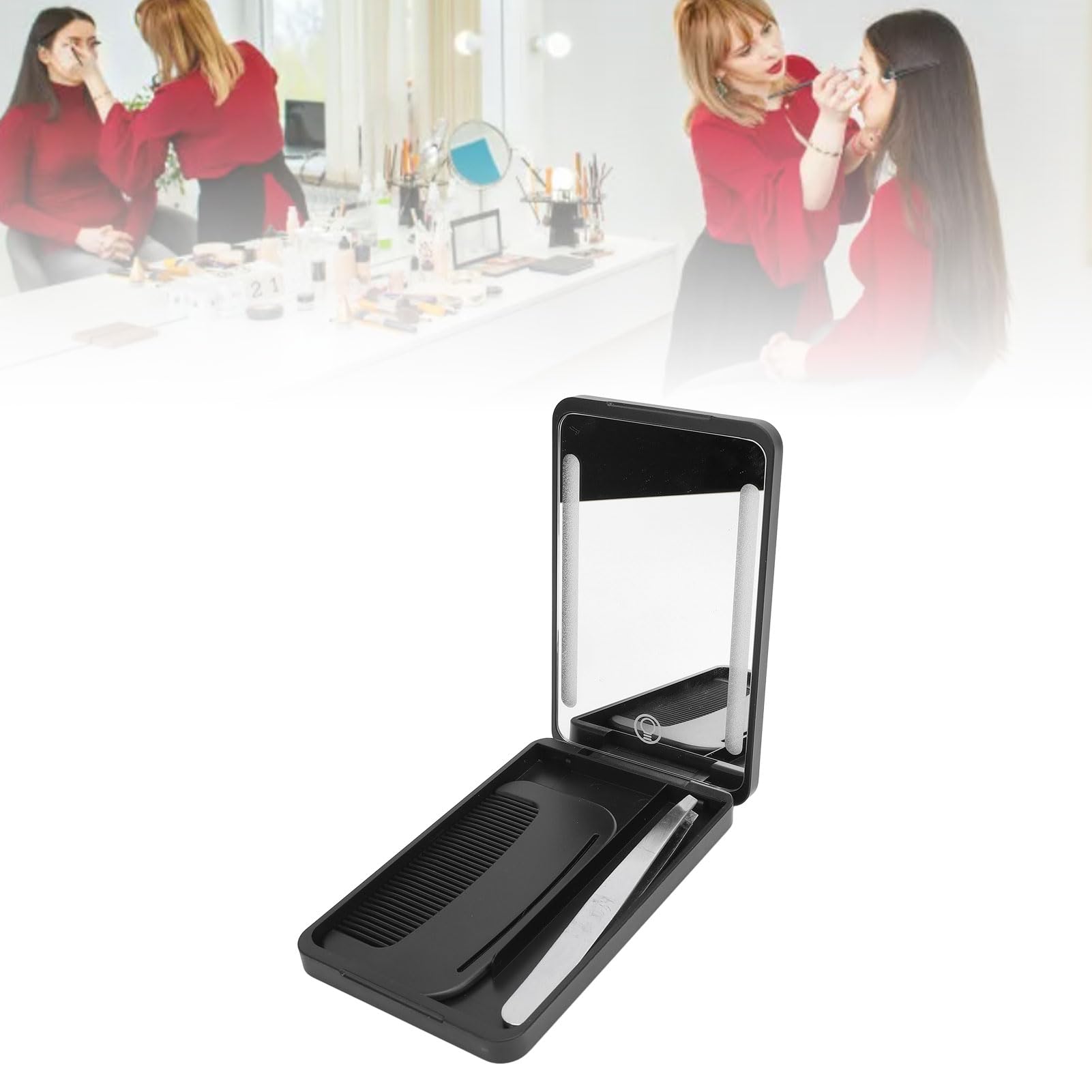 Yechiry LED Lighted Pocket Mirror, Rechargeable Compact Makeup Mirrorwith Travel Comb, Metal Eyebrow Tweezer & Smart Fill Light for Travel (Black)