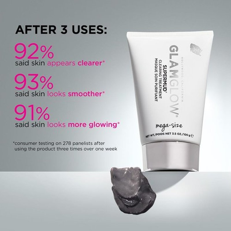 Glamglow SUPERMUD Instant Clearing Treatment Face Mask | Clearing Face Mask For Acne Prone Skin and Oiliness to help Minimize Pores | Activated Charcoal, BHA & AHAs, Travel Size, 1 Ounce