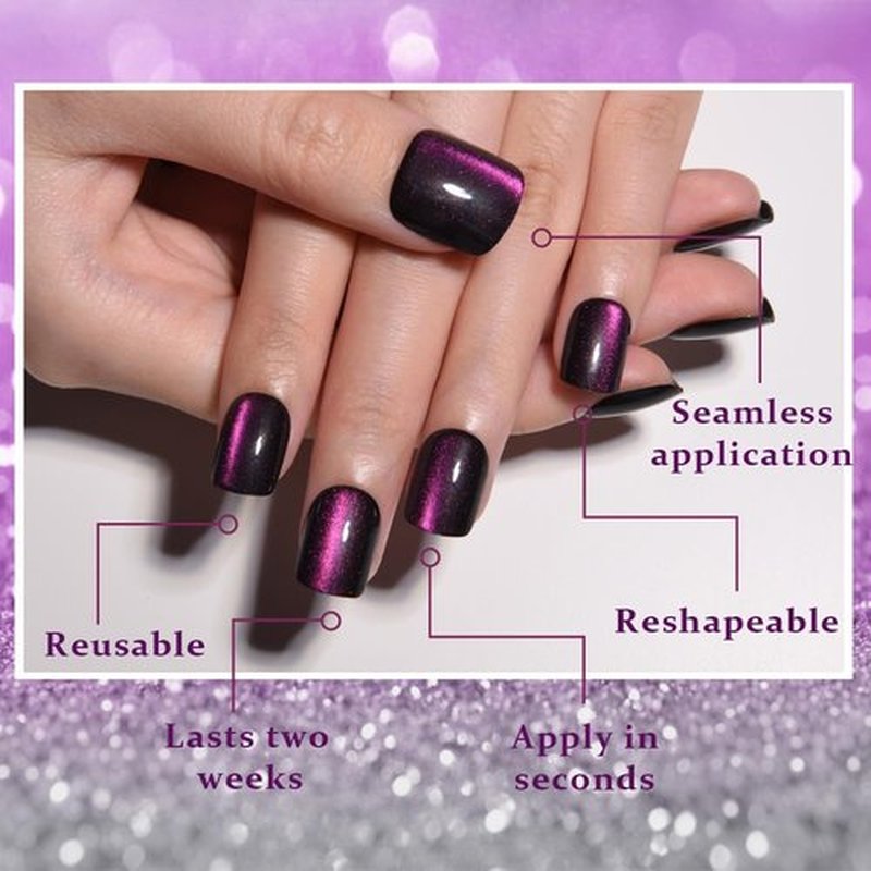 evpct Dark Purple Cat Eye Extra Short Square Press on Nails, Petite Short Square Stick on Nails for Women Gift, Holographic Chrome Glossy Fake Nail, Reusable Soft Press on Acrylic Nail with Designs