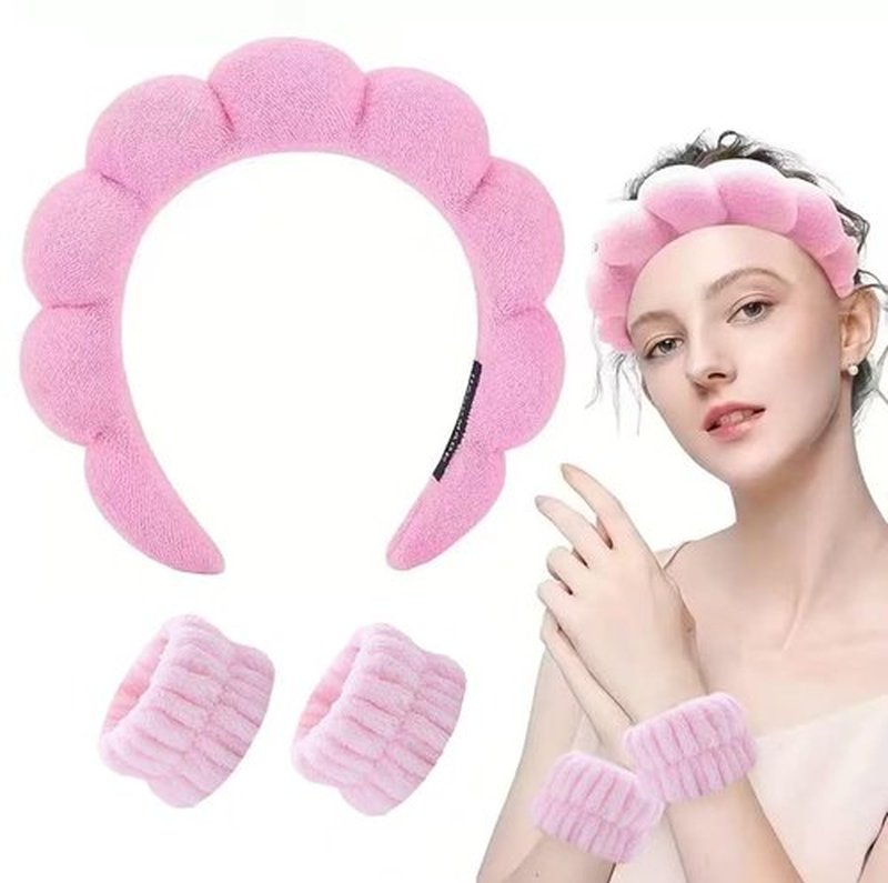 HKOVNE Spa Headband and Wristband Set for Women,Terry Cloth Sponge Headband for Washing Face,Makeup,Facial Mask and Skincare (Black,Pink, One Size)