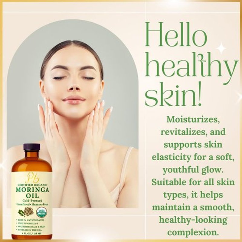 Pomberries Organic Moringa Oil – USDA Certified 100% Pure, Cold-Pressed & Unrefined – Moringa Seed Oil for Face, Skin, Hair & Body – Hydrating, Anti-Aging Moisturizer – 4 fl oz Amber Glass Bottle