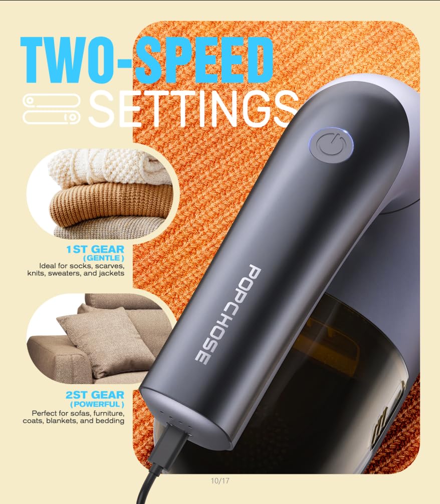 POPCHOSE Fabric Lint Shaver, 6-Leaf Blades & 2 Speed, 2000mAh Rechargeable