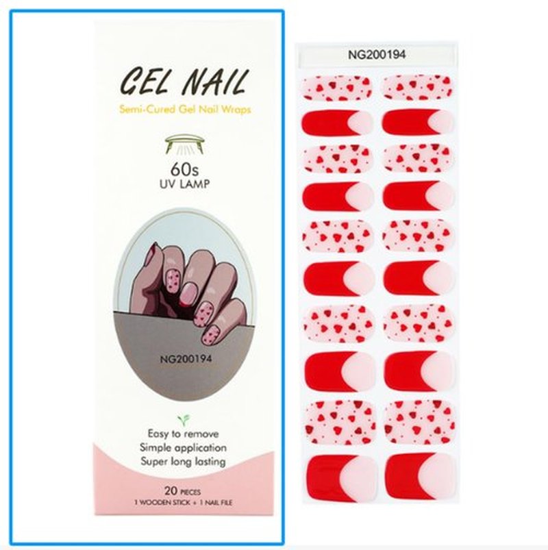 Sevgob Semi Cured Gel Nail Strips (Red Love), French Heart, 20 Pcs Gel Nail Wraps, Stickers, UV Light Required, Salon Quality, Long Lasting, Valentines Day Gift for Women Girls DIY Manicure