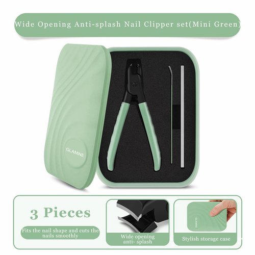Glamne Nail Clippers for Thick Nails with Catcher, Wide Jaw Fingernail and Toenail Cutter for Seniors with Crystal Nail File Cuticle Fork and Storage Case (Mint Green)