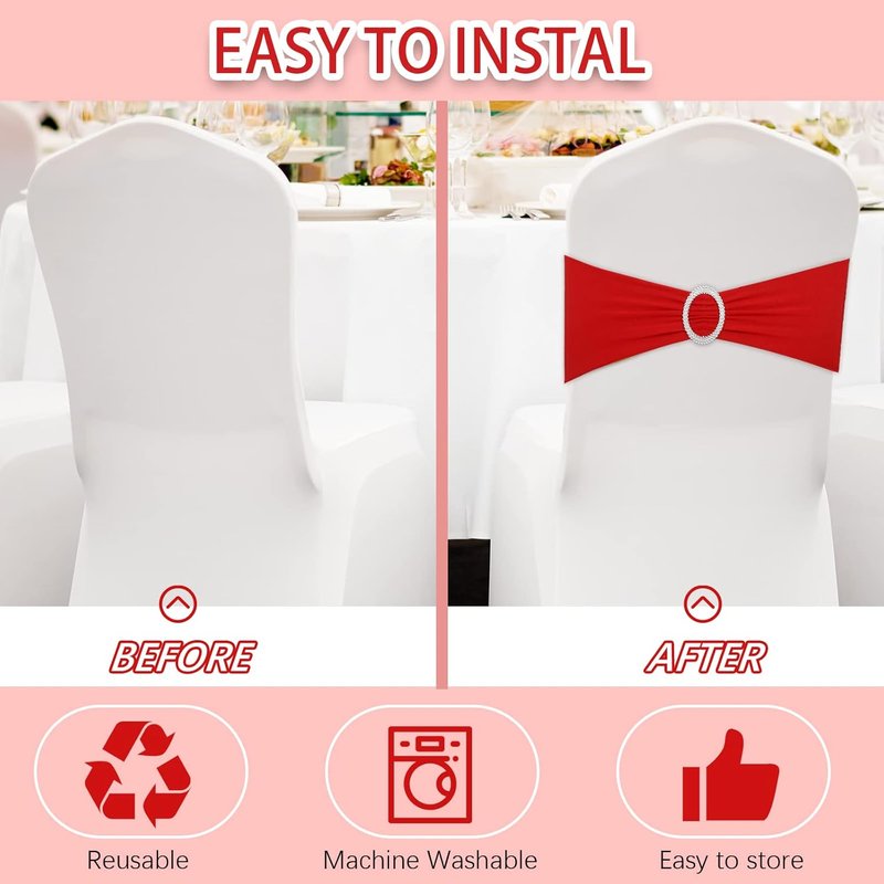 CHENGU Spandex Stretch Chair Sashes - 150 Elastic Covers with Buckle Slider for Weddings & Events | Red