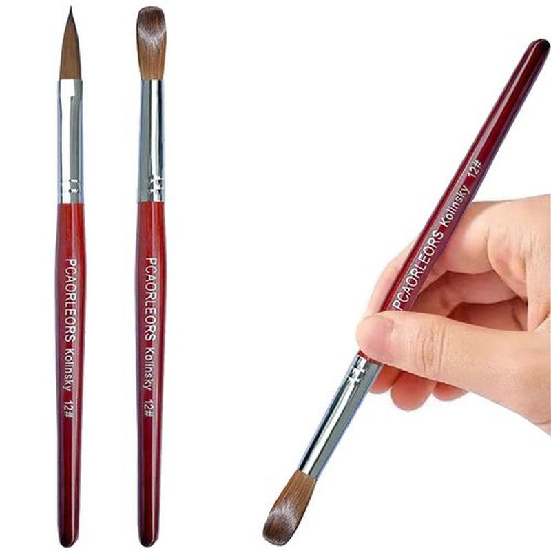 PCUORLEORS Acrylic Nail Brush with Pure Kolinsky Sable Hair and Red Wood Hand, Round/Flat Professional Gel Brush for Acrylic Power and Nail Extension Size #8,10,12 (2Pack(#12))