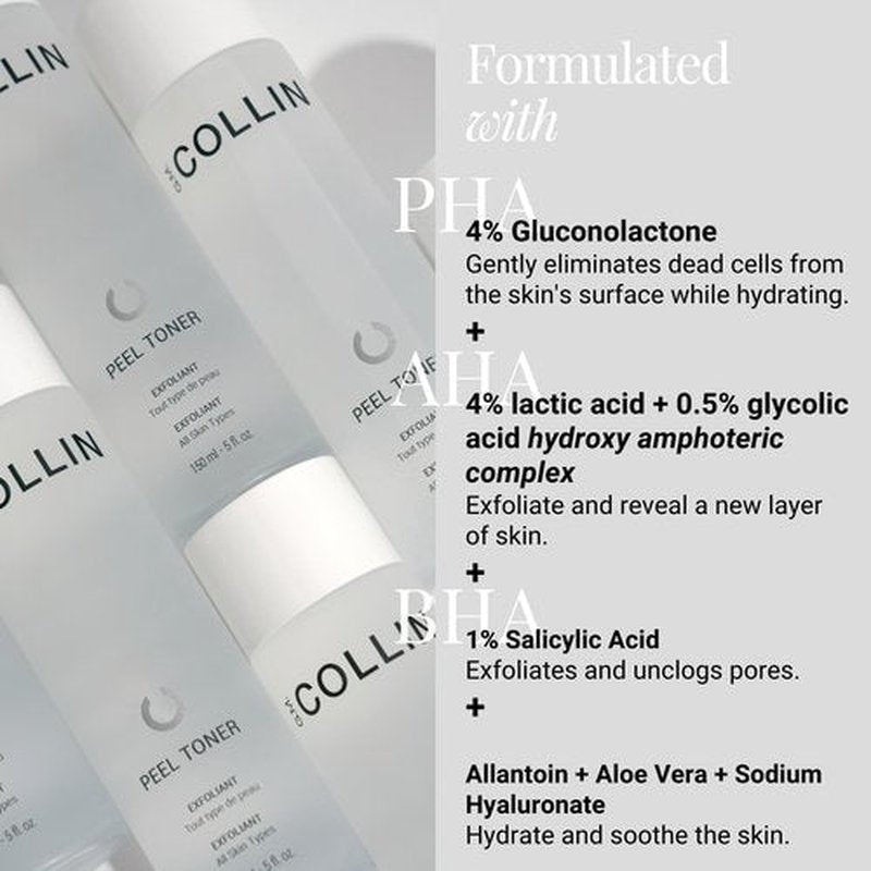 G.M. COLLIN Peel Toner Exfoliant | Daily Leave-On Liquid with AHA BHA PHA | Salicylic Acid Toner for Pores & Smooth Skin | Aloe Vera Soothes & Hydrates