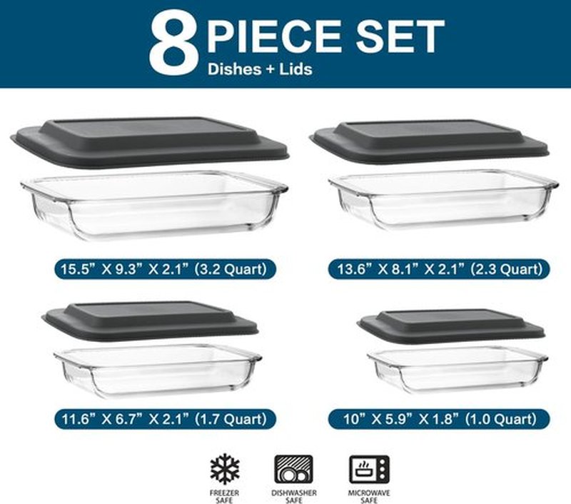 Regine Switzerland 8-Piece Deep Glass Baking Dish Set - Rectangular Bakeware with Plastic Lids | Freezer-to-Oven Safe, Gray