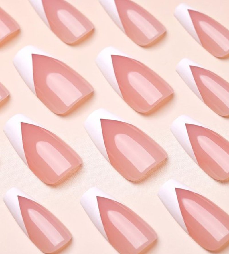 Artquee V French Tip Press on Nails Long Pink White Coffin Fake Nails Tips Glossy Full Cover Acrylic Nail Artificial Nail Art Reusable Stick on Nails Kit for Women - 30 Pcs in 15 Sizes