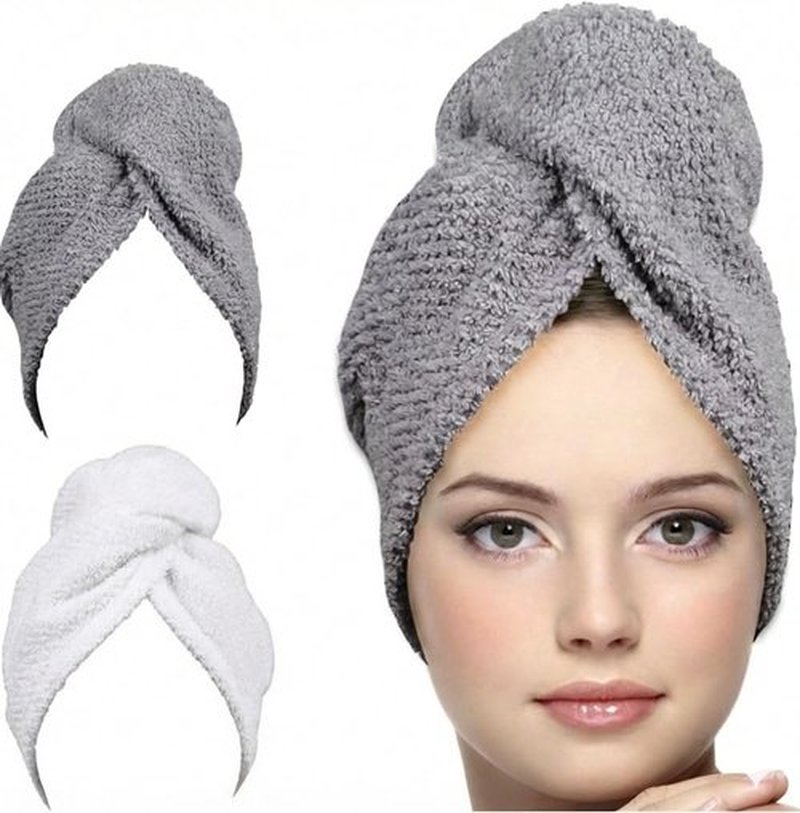 KEEPOZ Hair Towel Wrap Quick Dry 100% Cotton Super Absorbent Turban Head Wrap for Women with Button, Non Microfiber Anti Frizz, Hair Cap for Curly, Long & Thick Hair (2 Pcs, White Grey Check)