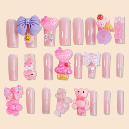 24Pcs Long Press on Nails Square Fake Nails with Charms Nude Pink Acrylic Nails Cute Heart Bear Charm Designs Glue on Nails Reusable Artificial Full Cover Stick on Nails for Women and Girls