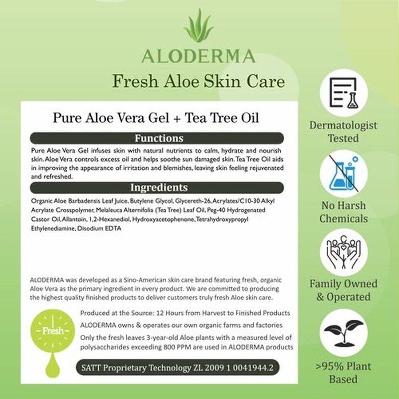 Aloderma Organic Aloe Vera Gel for Skin + Tea Tree Oil, Made within 12 Hours of Harvest, Soothing Pure Aloe Vera Gel for Face, Works Great for Oily Skin, Dry Scalp, Aftershave, Natural Aloe - 10.6 Oz
