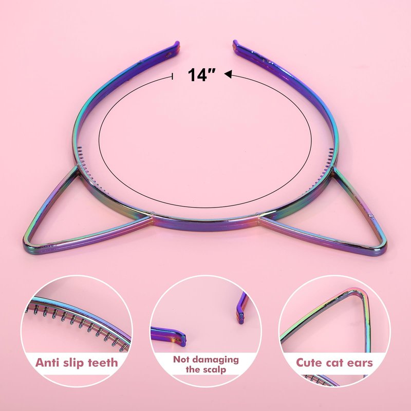 ZIRICHER 12Pcs Cat Ear Headbands Multicolor Plastic Hairbands Hair Hoops,Glitter Rainbow Cat Ear Headbands for Women Girls Daily Wear Party Favors Cat Headwear Costumes Accessories for Birthday Decor