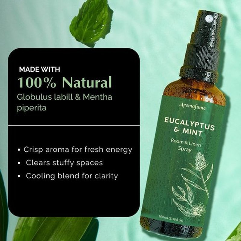 Aromafume Eucalyptus & Mint Room Spray - Aromatherapy Linen Mist with Pure Essential Oils | 100ml/3.38fl oz
