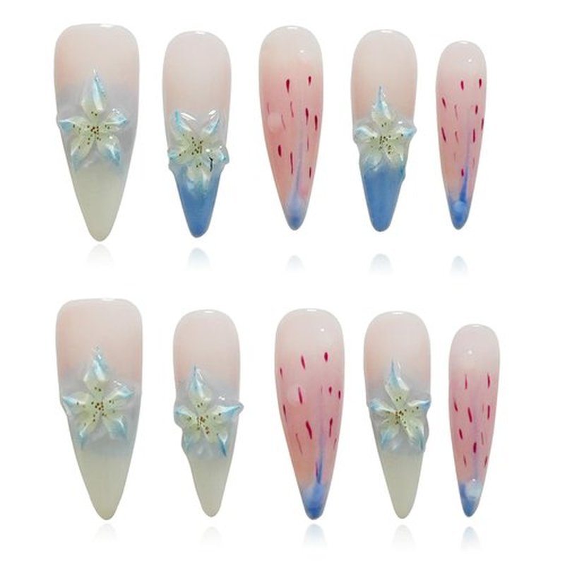 Tesytto 3D Floral Press On Nails Long Stiletto Fake Nails – Elegant Handmade Ombre Nail Art with Lilies Flowers Designs, Multi-Layer Gel Reusable Acrylic Nails for Women (3D Lily Ombre, M)