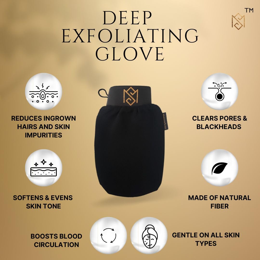 Exfoliating Glove Kessa Mitt Body Scrubber – Dead Skin Remover Shower Glove for Deep Pore Cleansing, Black Soap, and Moisturizer by Moroccan Source – 3 Piece Spa Set Kit