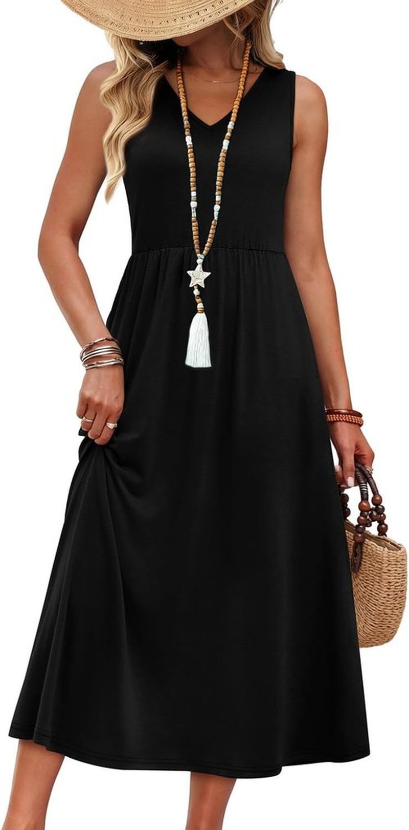 OFEEFAN Summer Dresses for Women - Flowy Casual Midi Dress with Pockets | V-Neck Beach Vacation Style