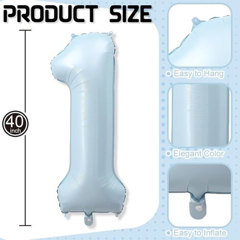 Skiennix Big Number 1 Balloon - Light Matte Sky Blue Foil 40 Inch - Perfect for 1st Birthday & Baby Shower Decor