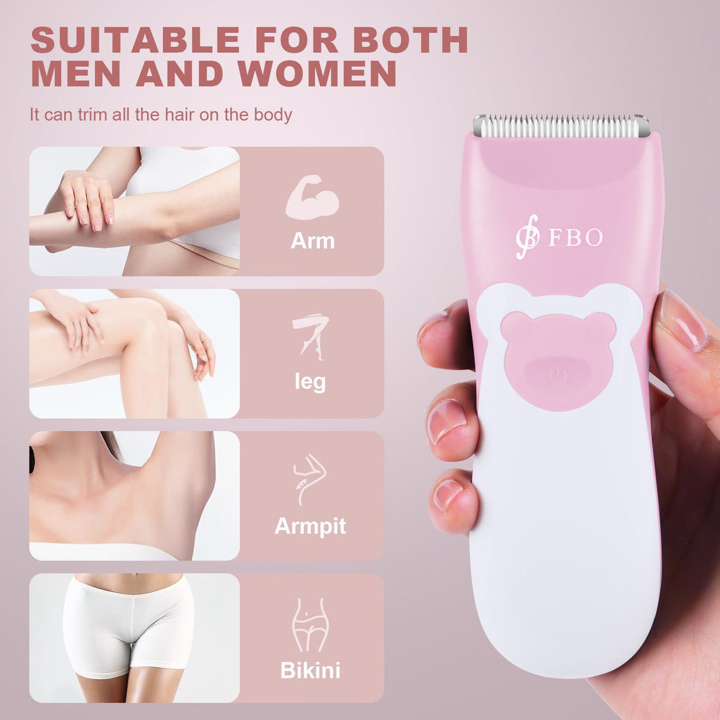 FBO Baby Hair Clipper, Professional Quiet Waterproof Painless Body Hair Trimmer, Multi-Purpose Grooming Kit for Infants, Toddlers & Adults, Home and Salon Use, Pink Bear