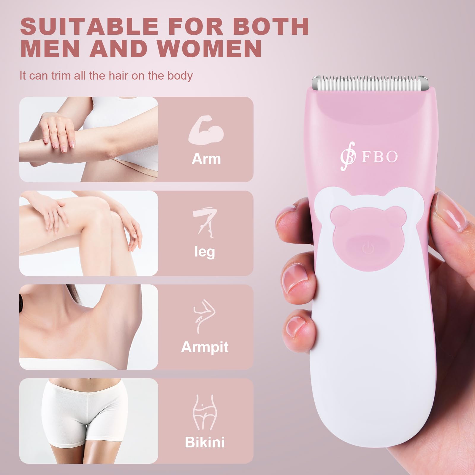 FBO Baby Hair Clipper, Professional Quiet Waterproof Painless Body Hair Trimmer, Multi-Purpose Grooming Kit for Infants, Toddlers & Adults, Home and Salon Use, Pink Bear