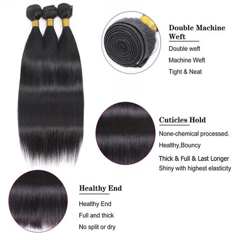 BilltiiWW #1B Straight Human Hair Bundles 20 22 24 Inch Brazilian Remy Human Hair Bundles Weave Extensions Soft and Silky for Women