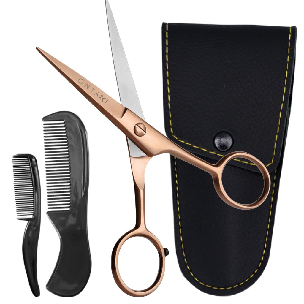 Ontaki Beard & Mustache Scissors for Men - 5inch, Rose Gold - 410C German Steel Durable, Ergonomic Design Travel Friendly Facial Hair Scissors - Beard Grooming Kit 2 Combs & Case Perfect for Styling