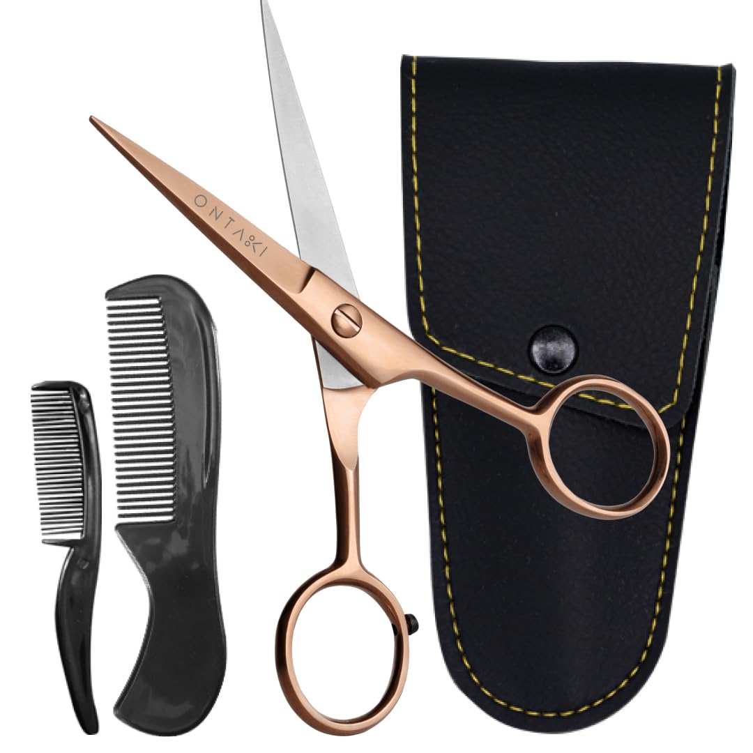 Ontaki Beard & Mustache Scissors for Men - 5inch, Rose Gold - 410C German Steel Durable, Ergonomic Design Travel Friendly Facial Hair Scissors - Beard Grooming Kit 2 Combs & Case Perfect for Styling