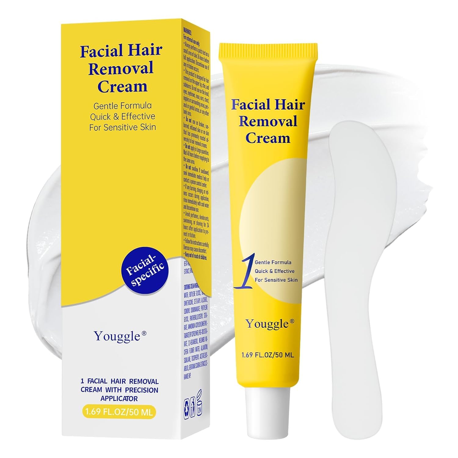 Facial Hair Removal For Women, Painless & Gentle Hair Removal Cream | Chin | Upper Lip | Cheeks for Sensitive Skin (5 Min, 7 Days) - 0.68Fl Oz