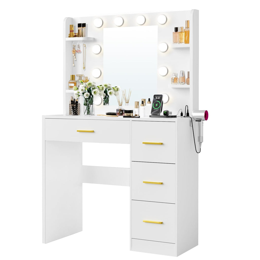 HABIUBIU 35 Small Vanity Desk with Mirror and Lights,10 Lights,3 Color Modes,Makeup Vanity Desk with 4 Storage Shelves 4 Drawers and Power Outlet,White vanitys-New Upgraded Quality