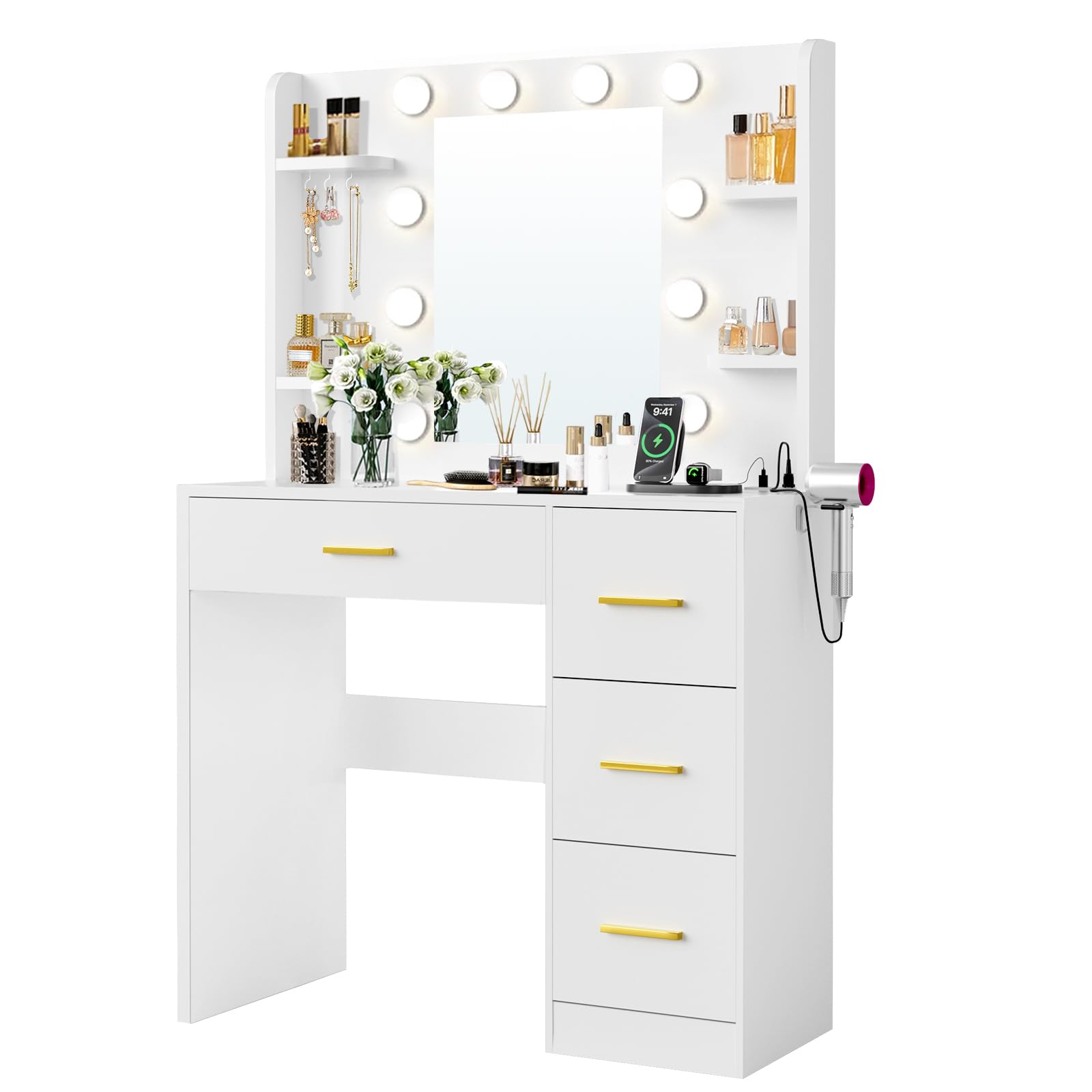 HABIUBIU 35 Small Vanity Desk with Mirror and Lights,10 Lights,3 Color Modes,Makeup Vanity Desk with 4 Storage Shelves 4 Drawers and Power Outlet,White vanitys-New Upgraded Quality