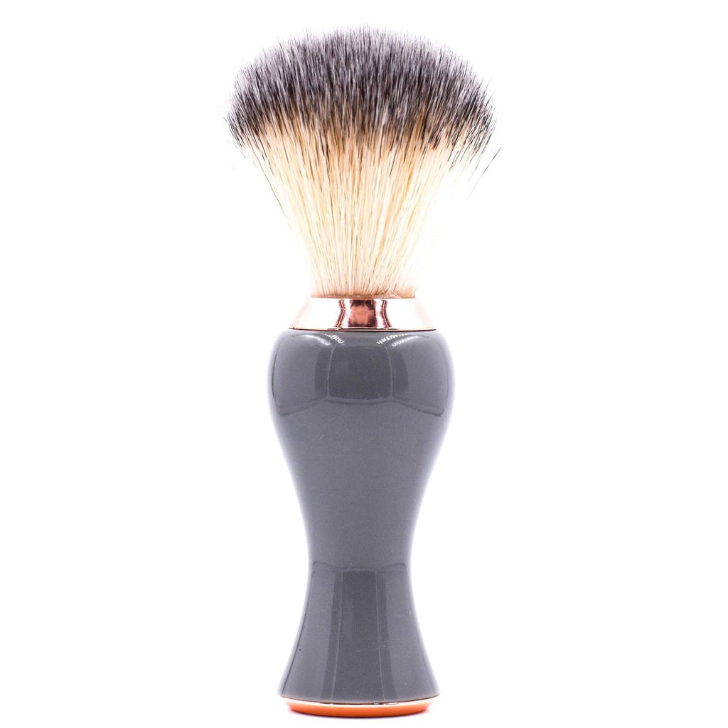Parker Premium Synthetic Bristle Shaving Brush with Stand - Super Soft Bristles for Sensitive Skin - Deluxe Gray and Rose Gold Handle - Shaving Brush for Men & Women