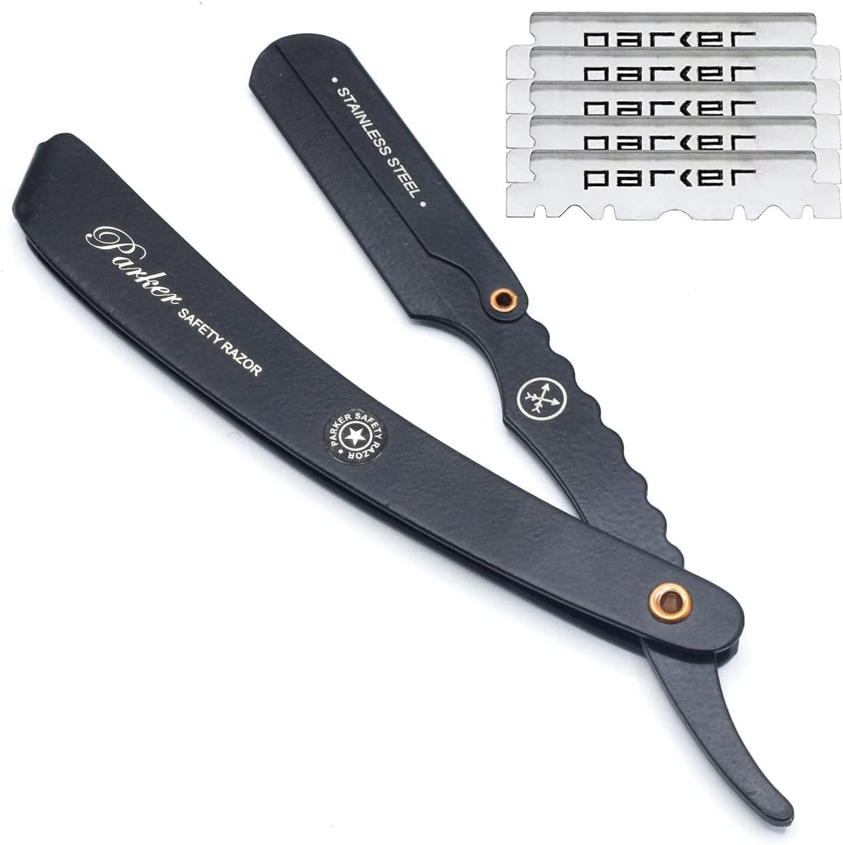 Parker SRXBLK Professional Stainless Steel Clip‑Style Barber Razor – Heavy‑Duty Black Finish with 5 Refill Blades, Ergonomic Weight for Barbers & Straight Razor Shaving Enthusiasts