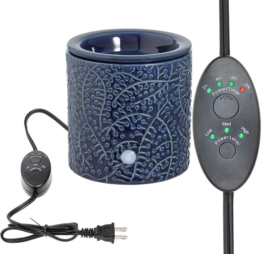 JULIE ANN HOME Blue Leaf Ceramic Candle Warmer Electric with Safety Timer | Automatic Plug in Fragrance Warmer for Scented Wax Melts, Cubes, Tarts | Air Freshener Set for Home decor, Office,&Gifts