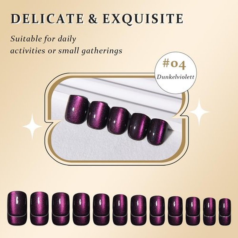evpct Dark Purple Cat Eye Extra Short Square Press on Nails, Petite Short Square Stick on Nails for Women Gift, Holographic Chrome Glossy Fake Nail, Reusable Soft Press on Acrylic Nail with Designs