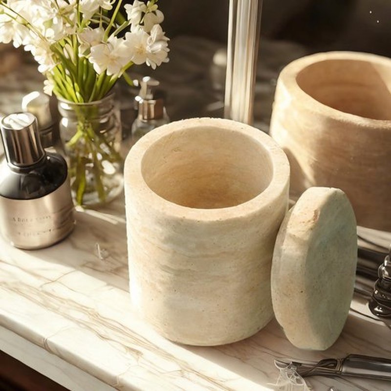 Natural Marble Canister - Elegant Cotton Swab Holder with Lid | Beige White Travertine Storage Solution