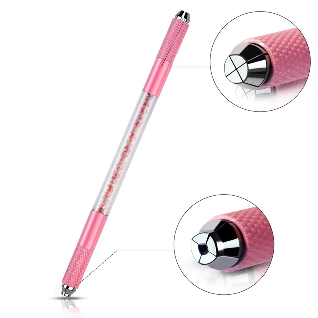 TgoBeauty Pink Microblading Double End Crystal Tattoo Manual Pen Semi PMU Handle with 10pcs 0.15mm U18 Microblading Needles Blade for Eyebrow Permanent Makeup Beauty (Pink Pen+10pcs 0.15mm U18 Blades)