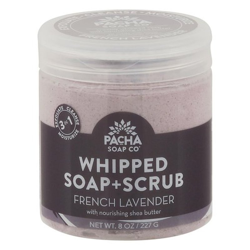 Pacha French Lavender Whipped Soap & Scrub, Luxurious Body Wash And Scrub For A Nourishing & Relaxing Head To Toe Cleanse, 8 Oz