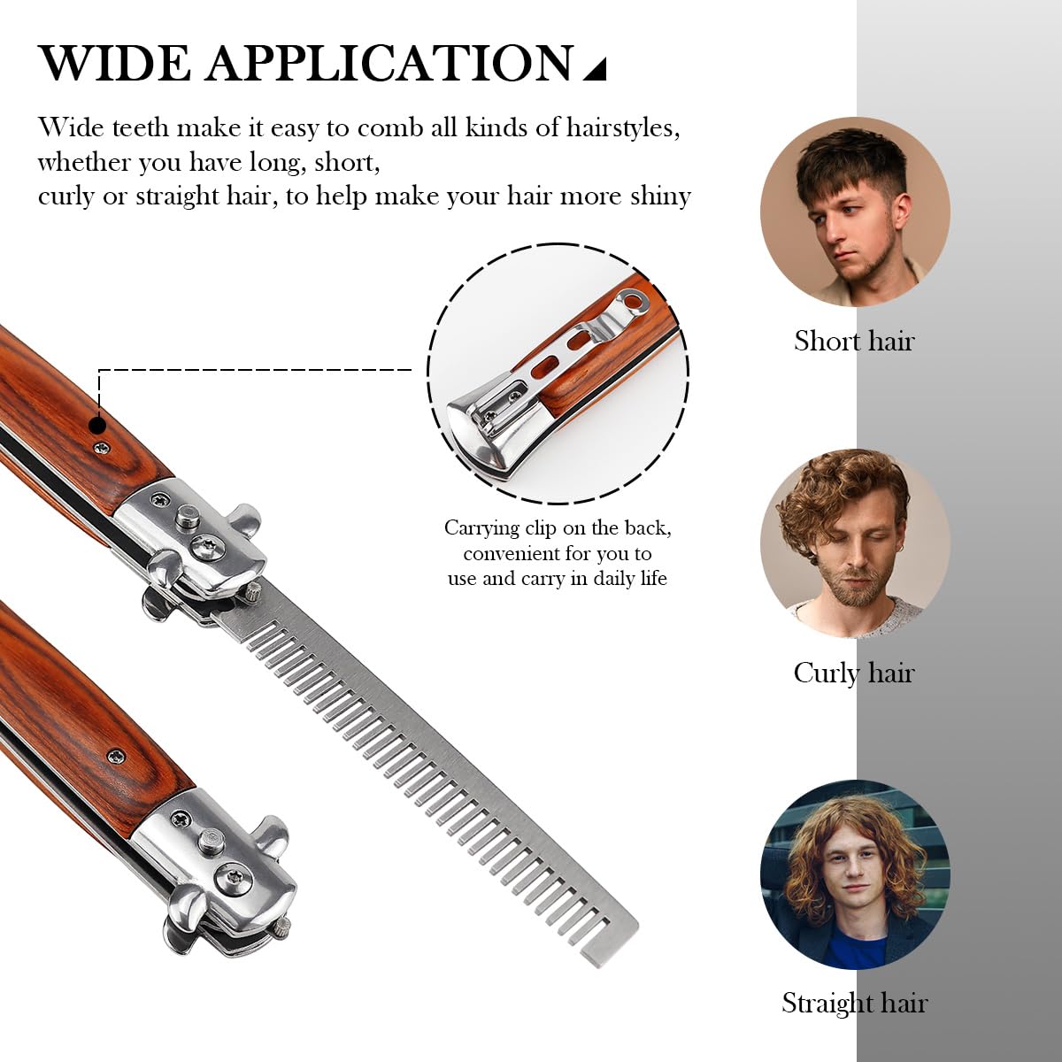Stainless Steel Folding Comb with Wood Handle - Push Button Pocket Comb for Hair Styling