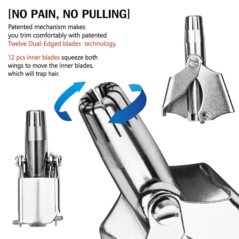 AALFA Stainless Steel Nose Hair Trimmer, No Battery Required, Patented Dual-Edge Rotary Blade Technology, Safe & Comfortable Trimming (Silver(Premium Edition))