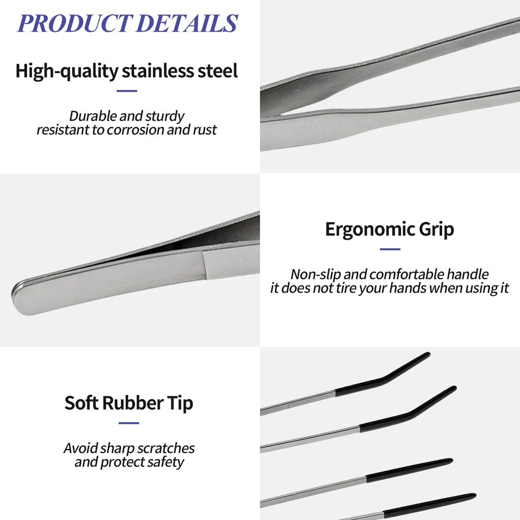 2PCS Reptile Feeding Tongs,10.6" Extra Long Stainless Steel Tweezers with Rubber Tips, Bearded Dragon Lizards Aquarium Straight and Curved Long Tweezers for Snake Feeding, Terrarium, Aquarium(Silver)