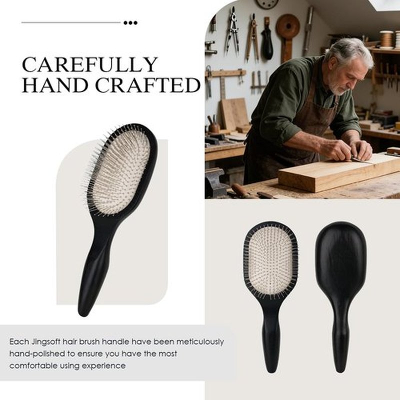Oak Wooden Hair Brush - Anti-Static Detangler with Metal Bristles for All Hair Types | Black