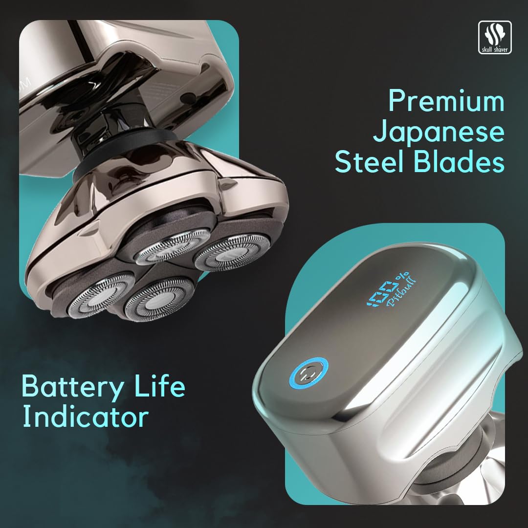 Skull Shaver Pitbull Platinum PRO Head & Face Shaver Kit - Cordless Electric Shaver - Wet & Dry Shaving Capabilities - Comes with Travel Case, USB Charging Cable & Rinse Stand - with Bonus Blade