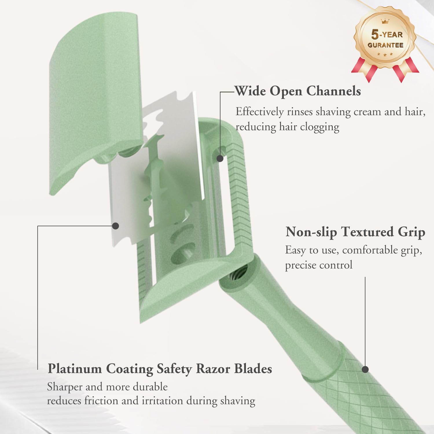 THURLADY Forest Green Safety Razor - Single Blade Razors for Women - Reusable Metal Razor, with 5 Stainless Steel Double Edge Blades, Smooth Close Shave, Sustainable, Plastic Free