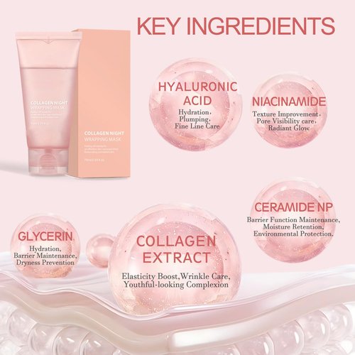 LOYOTICE Collagen Overnight Wrapping Peel Off Facial Mask Pack,Hydrates and Tightens Skin,Reduces Sagging,Elasticity & Hydration Care with Brush 2.54 fl.oz