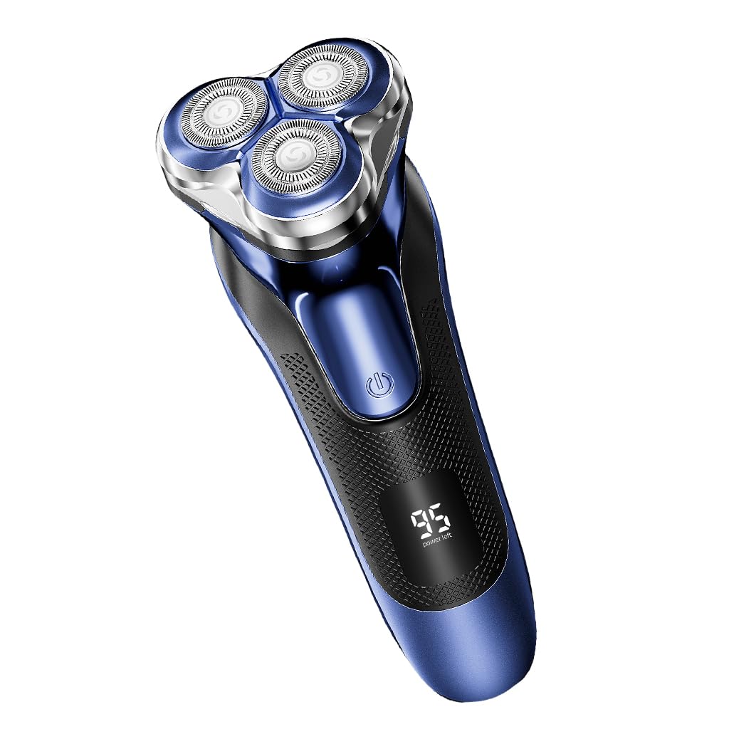 Electric Razor for Men, Rotary Shaver with 3 Floating Heads, LED Power Display, Wet and Dry Use, Blue