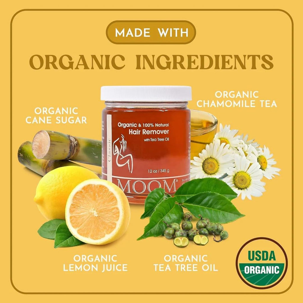 MOOM USDA Organic Sugar Wax Hair Removal Kit with 12 oz wax & 48 Strips